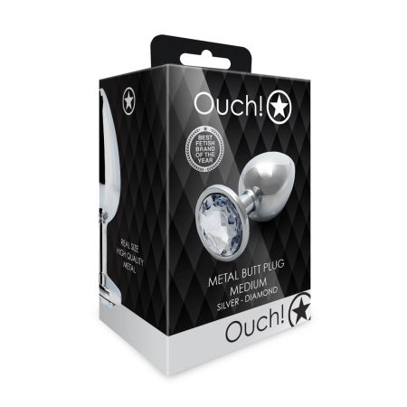 Ouch! Aluminum Intimate Plug Medium with Round Gem Base - Silver