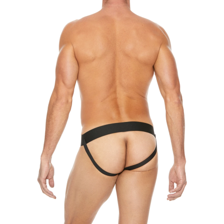 Ouch! Plain Front Leather Jockstrap with Zipper S/M Black