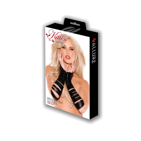 Wild Kitten Wetlook Slashed Fingerless Gloves, Black, One Size