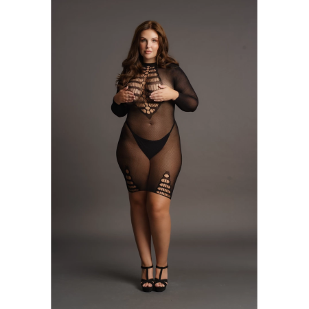 Rimba Plus Size Long Sleeve Fishnet Dress Black XXL-5XL
