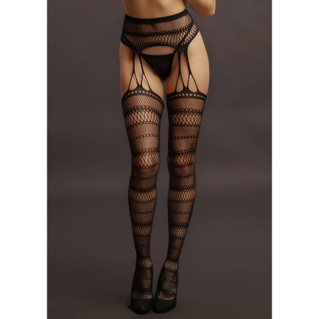 Shots Ouch! Striped Fishnet Suspender Pantyhose One Size Black