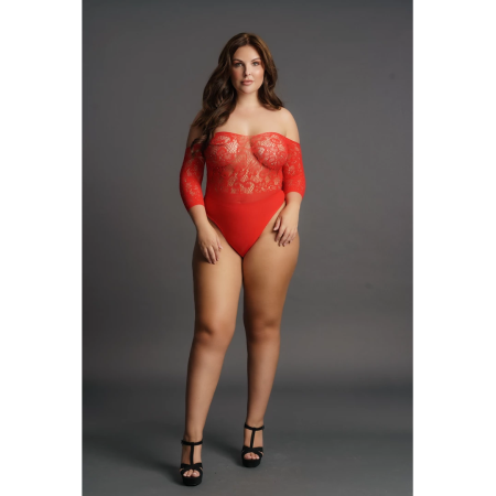 Mapale Plus Size Lace Rhinestone Teddy with 3/4 Sleeves, Black