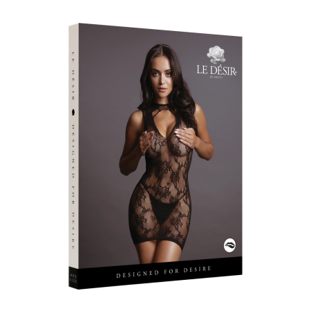 Shots High Neck Lace Mini Dress Black One Size S-XL Stretch Fit