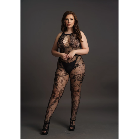 Shots Criss Cross Neck Lace Bodystocking Plus Size Black XL-4XL