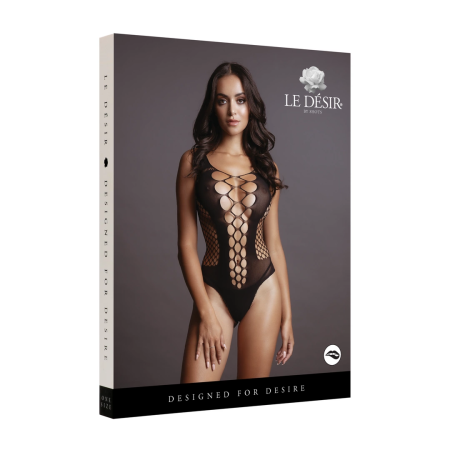 Obsessive Contrast Fence Net Bodysuit Deep V One Size S-L Black