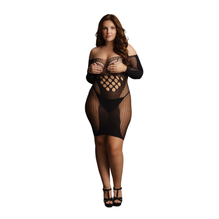 Pink Lipstick Plus Size Contrast Net Long Sleeve Mini Dress XXL-5XL