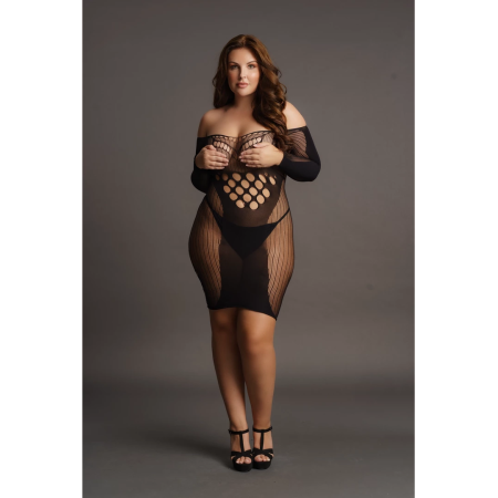 Pink Lipstick Plus Size Contrast Net Long Sleeve Mini Dress XXL-5XL