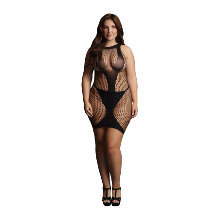 Leg Avenue Plus Size High Neck Net Mini Dress with V Accent, Black