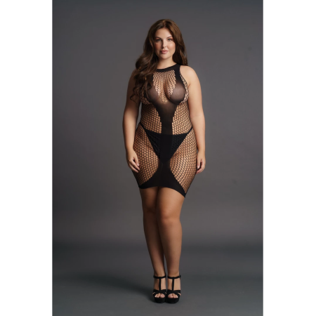 Leg Avenue Plus Size High Neck Net Mini Dress with V Accent, Black