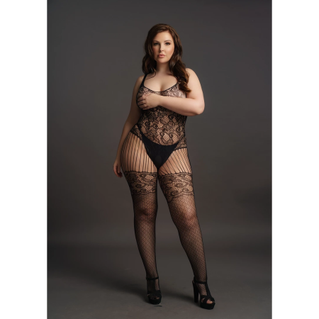 Saresia Plus Size Lace & Fishnet Bodystocking XL-4XL Black
