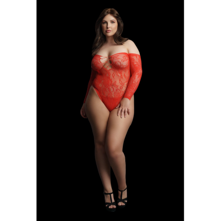 Wonder Rhinestone Lace Bodysuit Plus Size Red Off-Shoulder 1XL-3XL