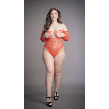 Wonder Rhinestone Lace Bodysuit Plus Size Red Off-Shoulder 1XL-3XL