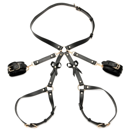 XR Brands Bondage Harness M/L Black - Adjustable Faux Leather with Bows