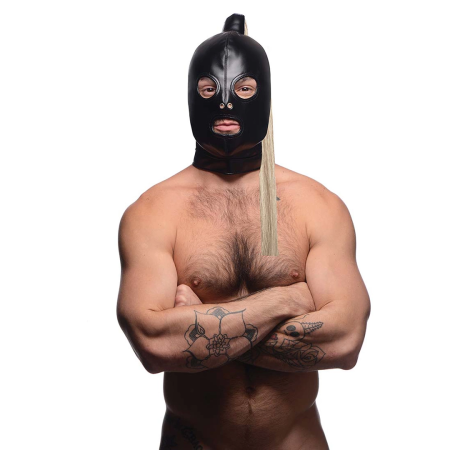 XR Brands Leather Hood Mask with Blonde Synthetic Ponytail - Adjustable Fit