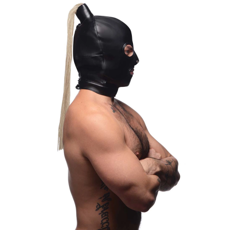XR Brands Leather Hood Mask with Blonde Synthetic Ponytail - Adjustable Fit