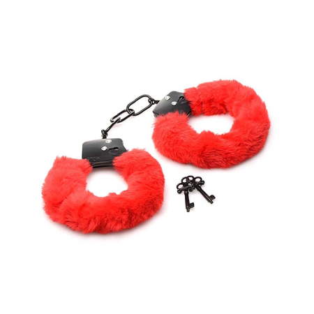 XR Brands Furry Adjustable Red Restraint Handcuffs with Keys 4.5-7in