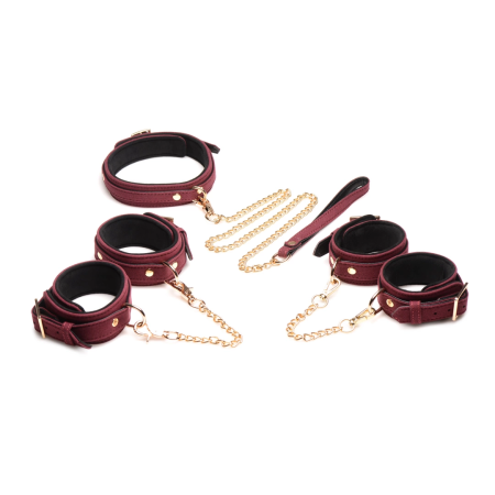XR Brands 6-Piece Velvet Burgundy Bondage Set with Adjustable Cuffs & Collar
