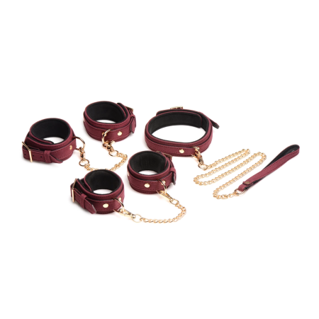 XR Brands 6-Piece Velvet Burgundy Bondage Set with Adjustable Cuffs & Collar