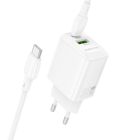 Borofone BN29 30W Įkroviklis su USB-C/USB-A + USB-C į USB-C kabelis 1.0m baltas