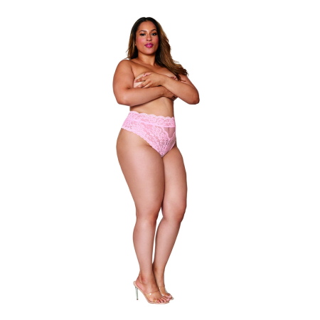 Dreamgirl High-Waisted Lace Panty 1X Pink - Scalloped & Cutout Detail