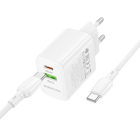 Borofone BN29 30W Įkroviklis su USB-C/USB-A + USB-C į USB-C kabelis 1.0m baltas