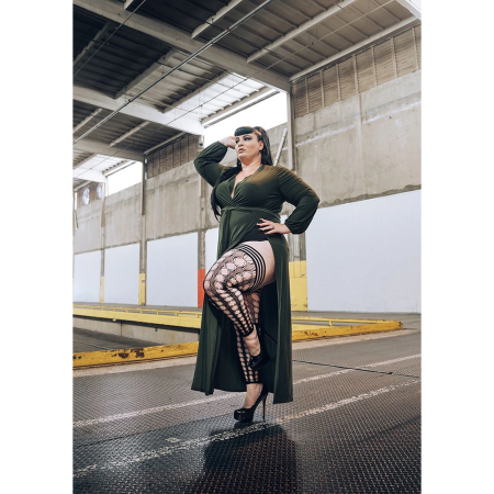 Kix'ies Thigh High D Black - Circle Fishnet Footless Tights, Size D