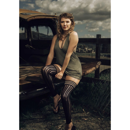 Kix'ies Lindsay Thigh-High Footless Tights C Black - No-Slip Grip, Stripe Pattern