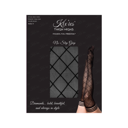 Kix'ies Anna Thigh-Highs A Black - Sheer Diamond Pattern, No-Slip Design