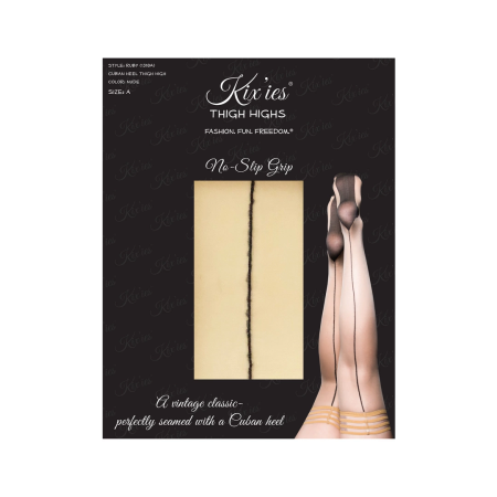 Kix'ies Ruby Thigh-Highs D Nude with Black Back Seam & Cuban Heel