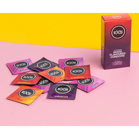 EXS Mixed Flavored Condoms 12-Pack - Strawberry, Chocolate, Cola, Bubble-Gum
