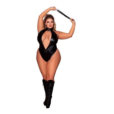 Dreamgirl Plus Size Faux Halter Teddy & Flogger Set, Black, Adjustable Fit