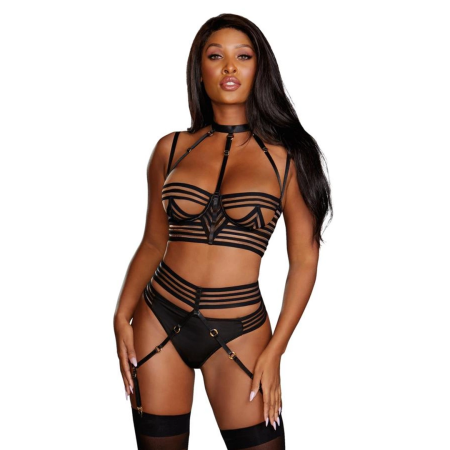 Oh La La Cheri 3-Piece Sheer Striped Lingerie Set with Garter - Black, L