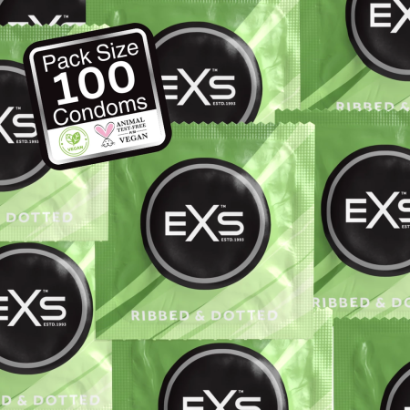 EXS 3 in 1 Ribbed Dotted Flared 100-Pack Anatomical Latex Condoms