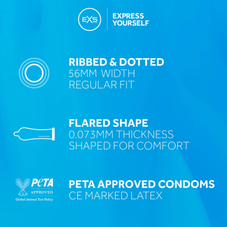 EXS 3 in 1 Ribbed Dotted Flared 100-Pack Anatomical Latex Condoms