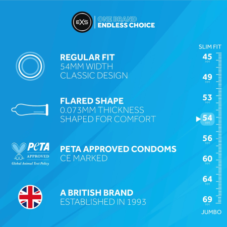 EXS Regular 100-Pack Latex Safety Condoms, Flared, Lubricated, 54mm