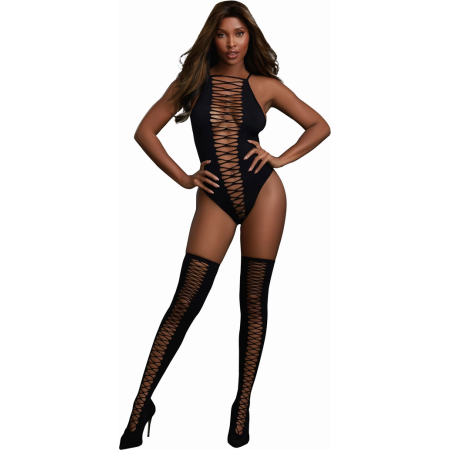 Dreamgirl Diamond Mesh Bodysuit and Stockings Set, One Size, Black