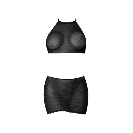 Magic Silk Exposed Polka Dot Mesh Halter Crop Top & Skirt S/M Black