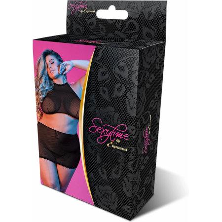 Magic Silk Exposed Black Mesh Halter Crop Top & Mini Skirt Set 2X