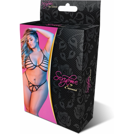 Magic Silk Exposed 2X Black Strappy Bra & G-String Set Adjustable