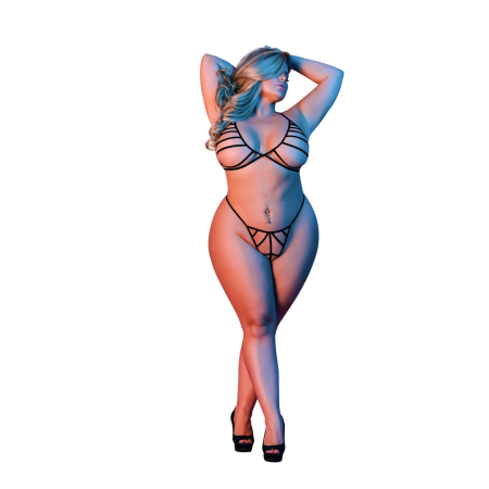 Magic Silk Exposed 2X Black Strappy Bra & G-String Set Adjustable