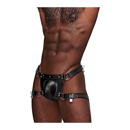 Male Power Scorpio Adjustable Faux Leather Thong with Lock System Black OS