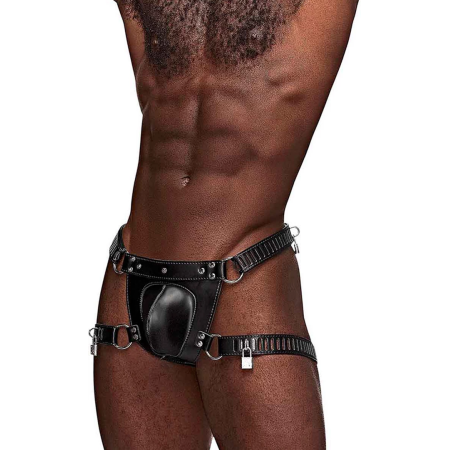 Male Power Scorpio Adjustable Faux Leather Thong with Lock System Black OS