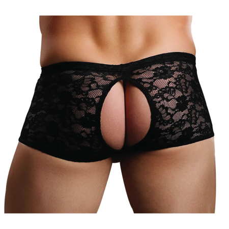 Male Power Stretch Lace Crotchless Short L/XL Black - Elegant Lace Design