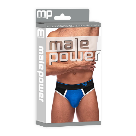 Male Power Retro Sport Panel Thong S/M Black-Blue, Contrasting Details
