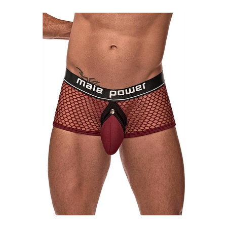 Male Power Mini Ring Short XL Burgundy - Snap-Off Pouch & Satin Waistband