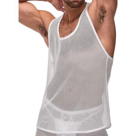 Male Power Stretch Net Tank Top S/M White - Breathable Mesh Design
