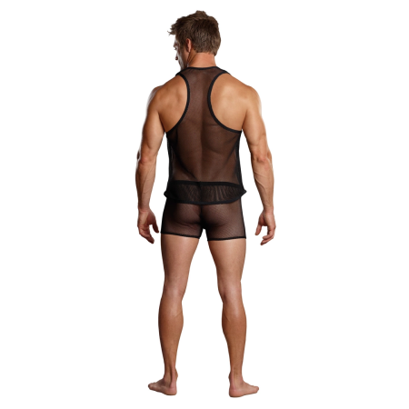Male Power Stretch Net Tank Top Black L/XL - Racerback Design