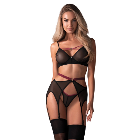 Obsessive Novenes Set M/L - 3-Piece Powernet Lingerie with Pink Accents