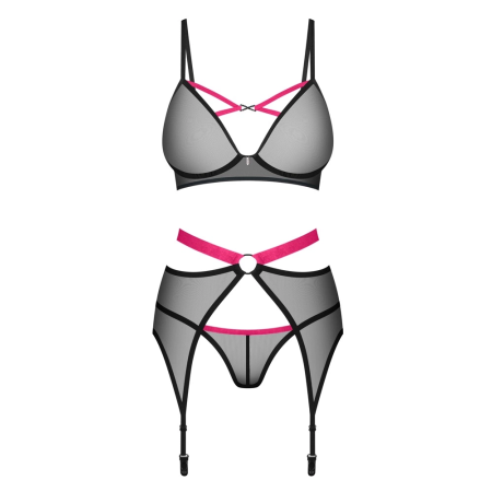 Obsessive Novenes Set M/L - 3-Piece Powernet Lingerie with Pink Accents