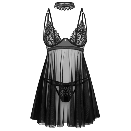 Obsessive Donarella 3-Piece Babydoll Set Black XL/2XL Adjustable Choker